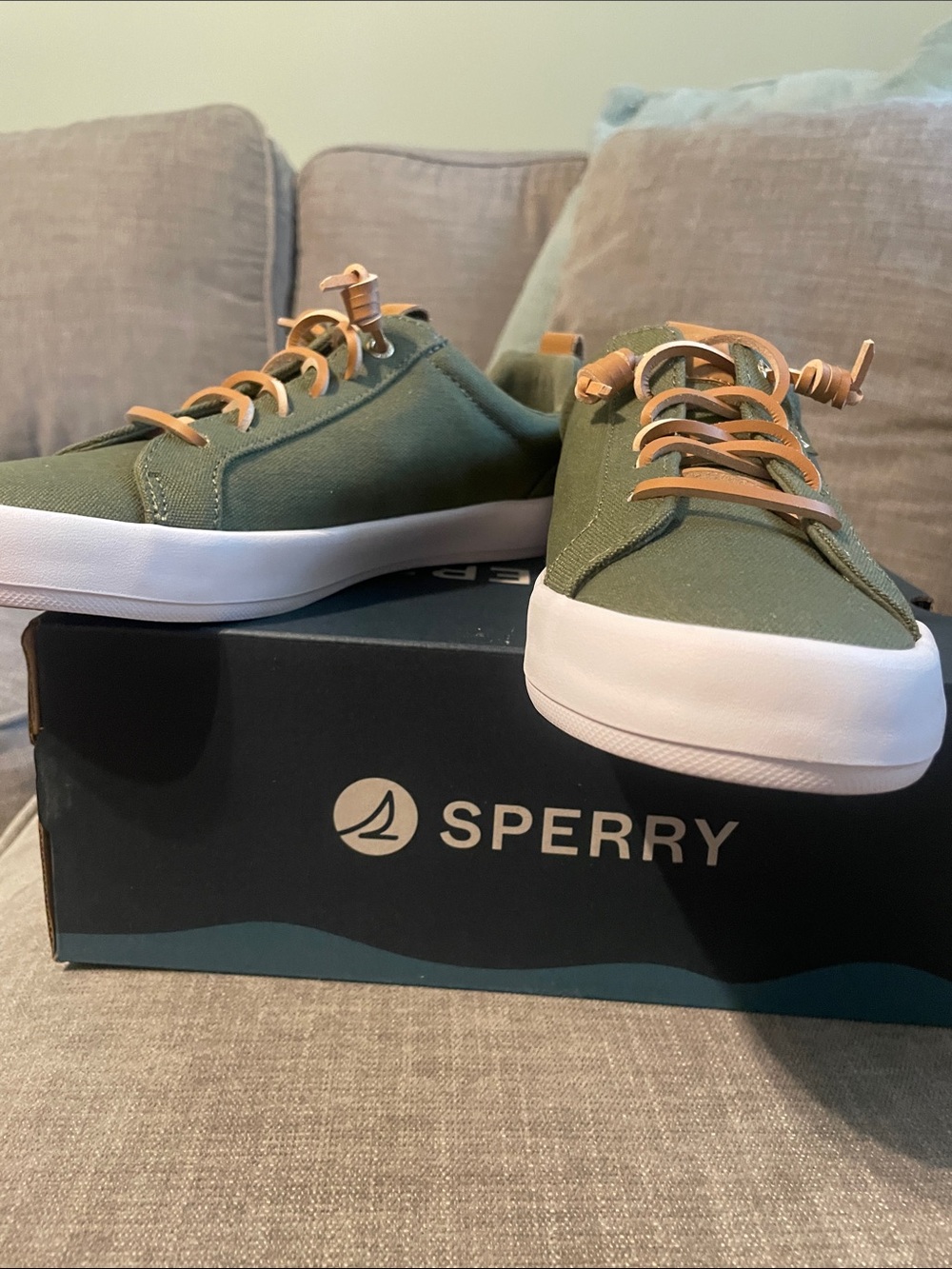 Sperry Olive Canvas Low-Top Sneakers with Tan Accents - Picture 2 of 5